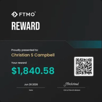 FTMO reward certificate, Christian, $1,840.58
