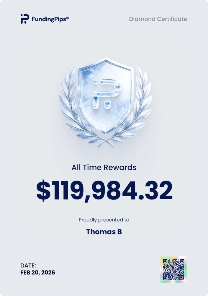 FundingPips diamond certificate for Thomas B, $119,984.32